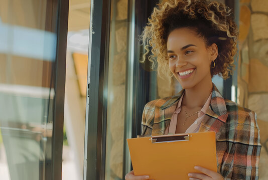 mujer de negocios empresaria posando sonriente con una carpeta en sus manos,  en el exterior de un edificio de oficinas