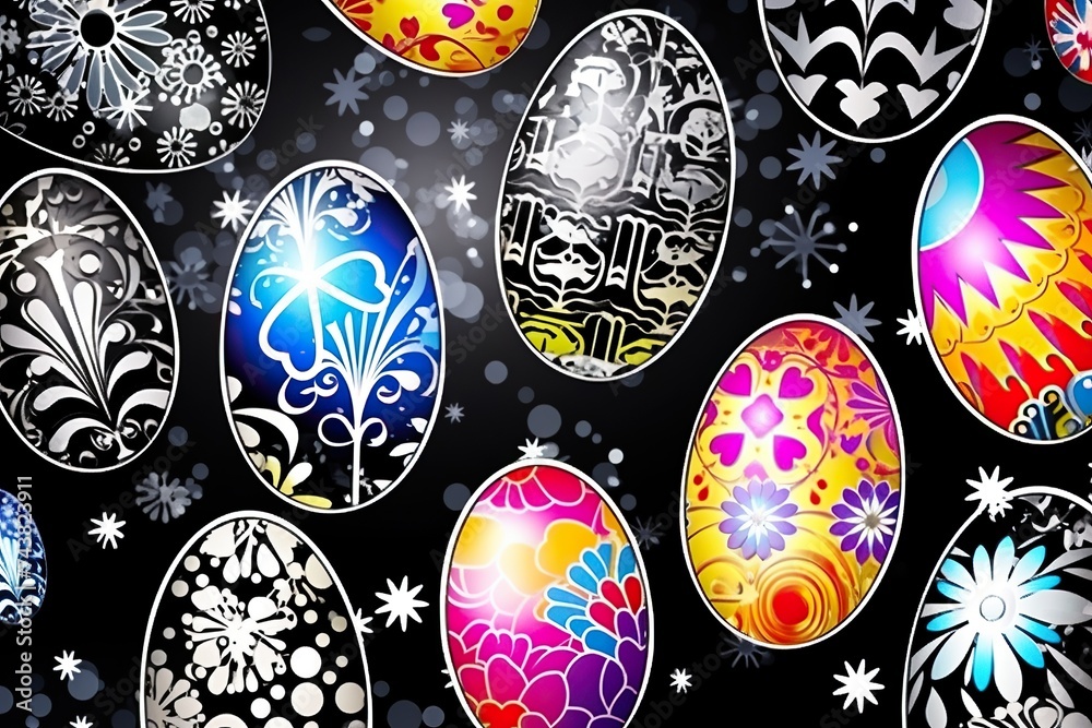 Poster a collection of vibrant colored eggs arranged on a dark black background, creating a striking contra