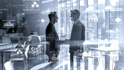 Two professionals shaking hands in a high-tech corporate environment, transparent analytics overlays.