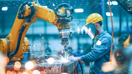 High-tech manufacturing line with AI-controlled robotics, futuristic interface elements in view. mart industry 4.0 concept with IoT and robotics technology.