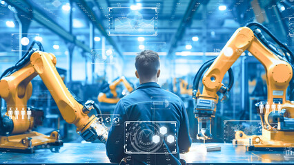 High-tech manufacturing line with AI-controlled robotics, futuristic interface elements in view. mart industry 4.0 concept with IoT and robotics technology.