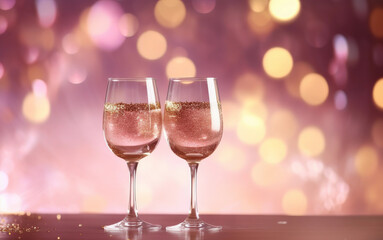 dos copas de champan rosado sobre superficie de madera, y fondo rosa y dorado desenfocado efecto bokeh

