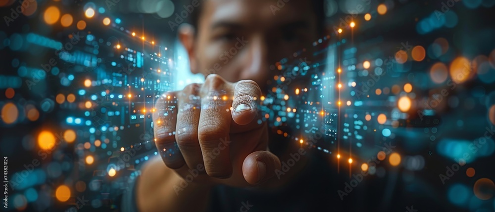 Poster An image of a businessman pressing modern buttons against a virtual background