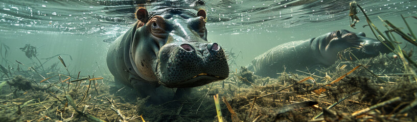 Hippo swimming in the water. Panoramic view.
