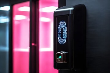 Closeup of facial recognition or fingerprints scanner machine to access door security, record time attendance. Entry security system, personality identification, protection control password concept