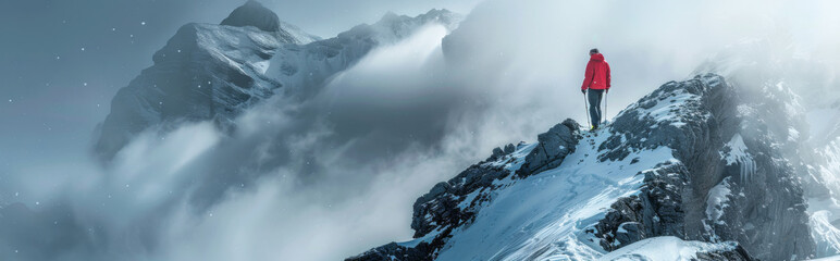Woman standing on top of a mountain in the fog. Panoramic banners
