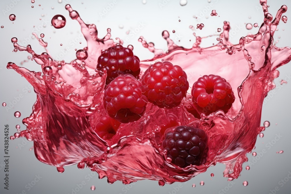 Aufkleber A group of vibrant raspberries are joyfully plunging into crystal clear water, creating a splash of color and freshness