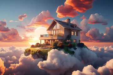 3d house floating on clouds