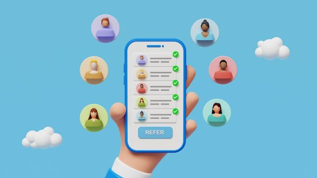 Refer a friend concept. Hands holding phone with contacts of friends. Business partnership strategy with group of people. Network marketing, Referring friends, affiliate marketing. 4k 3d animation