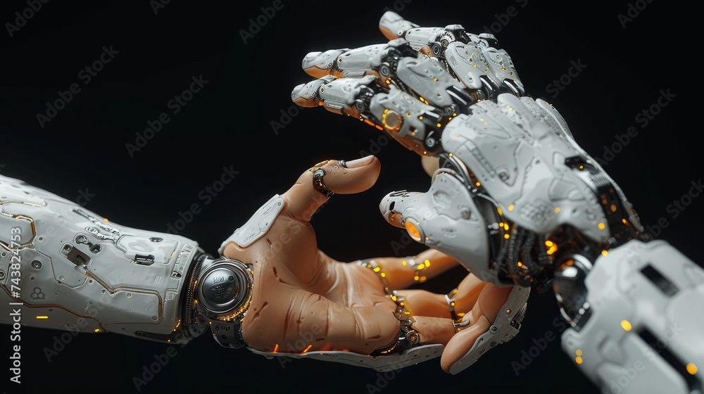 Poster in this picture, a robot and human hand are pictured with a flash light and virtual screen projected