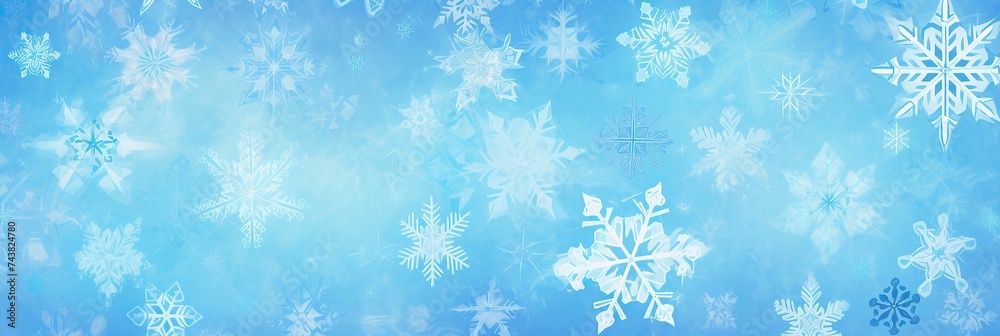 Poster a vibrant blue background with delicate white snowflakes scattered throughout, creating a magical an