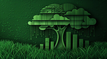 an intricate papercut illustration of a tree with branches shaped like bar graphs, symbolizing the growth and development of business, set against a backdrop of lush green grass.