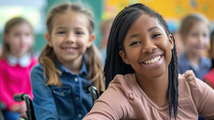 Diverse female teacher and schoolgirl in wheelchair in elementary school class