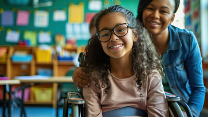 Diverse female teacher and schoolgirl in wheelchair in elementary school class - Powered by Adobe