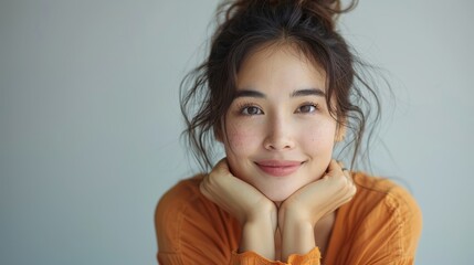Using an orange long-sleeve shirt, a young Asian Indonesian woman sits in a studio, smiling while her hands are clasped in front of her chest. The background is white.