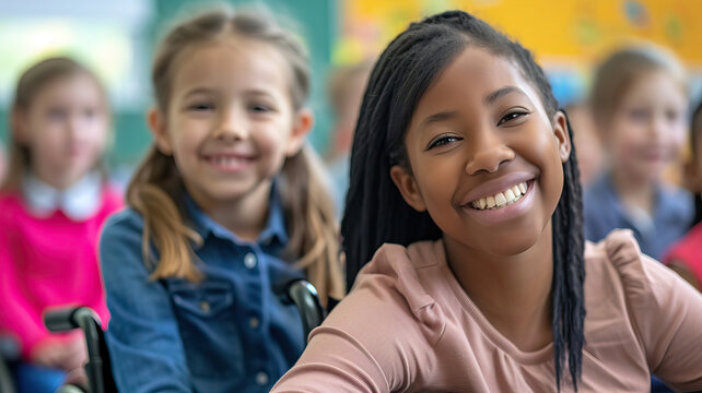 Diverse female teacher and schoolgirl in wheelchair in elementary school class