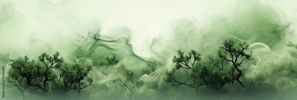 Poster a mesmerizing painting depicting tall trees shrouded in mist in a mysterious forest, creating an eer