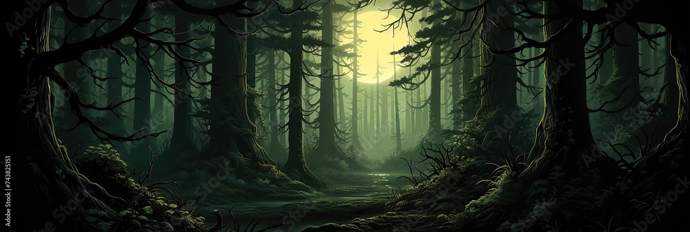 Poster A dense forest with towering trees reaching for the sky, creating a natural cathedral of greenery and shade. Sunlight filtering through the leaves onto the carpet of forest floor below