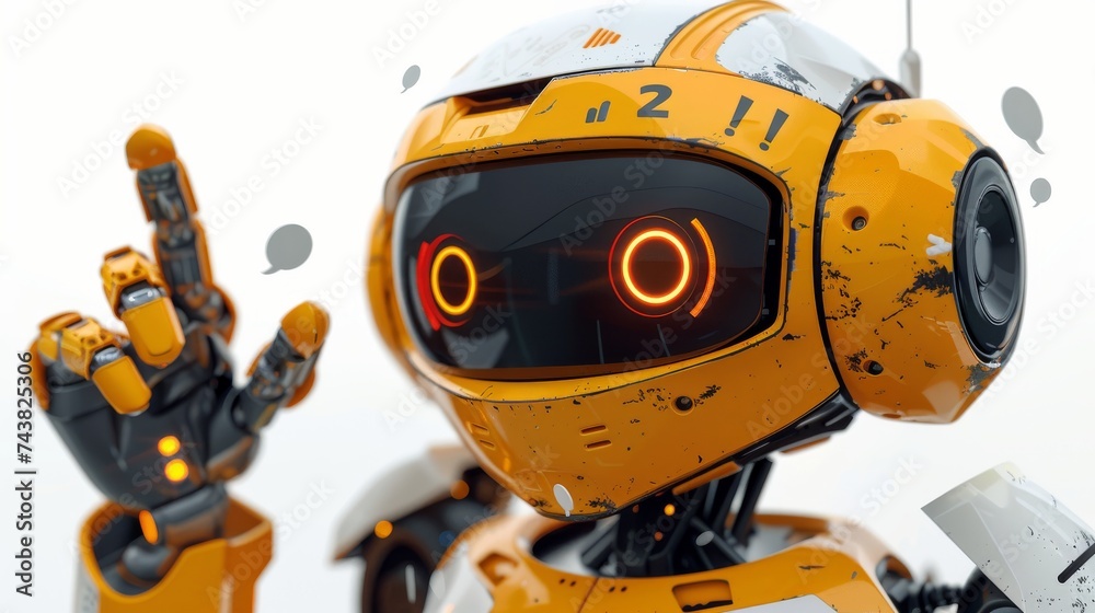 Poster robot on white with speech bubbles. chatbot with one singular wheel. customer service chat bot. flat