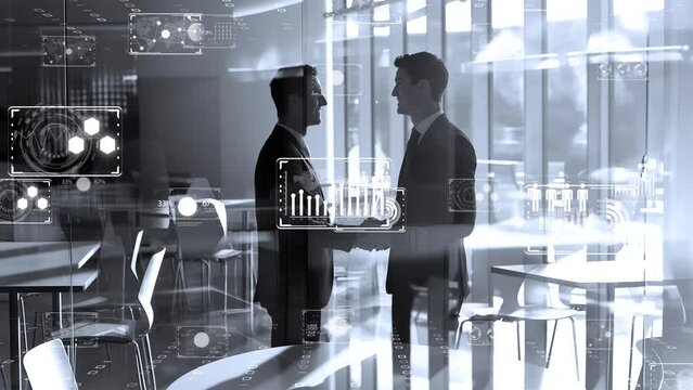 Two professionals shaking hands in a high-tech corporate environment, transparent analytics overlays.