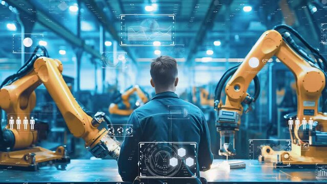 High-tech manufacturing line with AI-controlled robotics, futuristic interface elements in view. mart industry 4.0 concept with IoT and robotics technology.