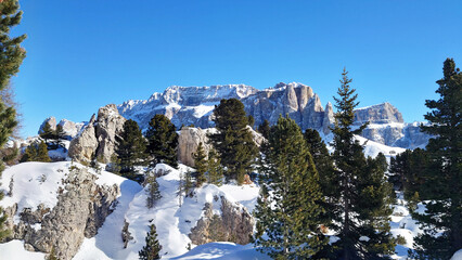 Ski Resort Val Gardena in the Dolomites on a beautiful day with a clear blue sky high on top of the mountains, after lots of snowval. Winter on its best with a perfect panorama view.