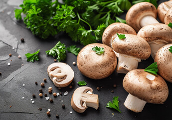 Raw mushrooms champignons on black background, cooking concept