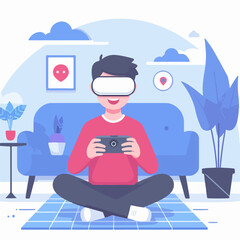 flat design illustration concept of a boy playing virtual reality technology