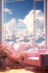 room with pink sofa and panoramic windows facing the sky with white clouds. vertical orientation - obrazy, fototapety, plakaty