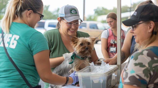 A team of volunteers assisting at an animal adoption event, connecting pets with loving families.
