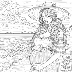 Pregnant girl on the beach.Coloring book antistress for children and adults. 