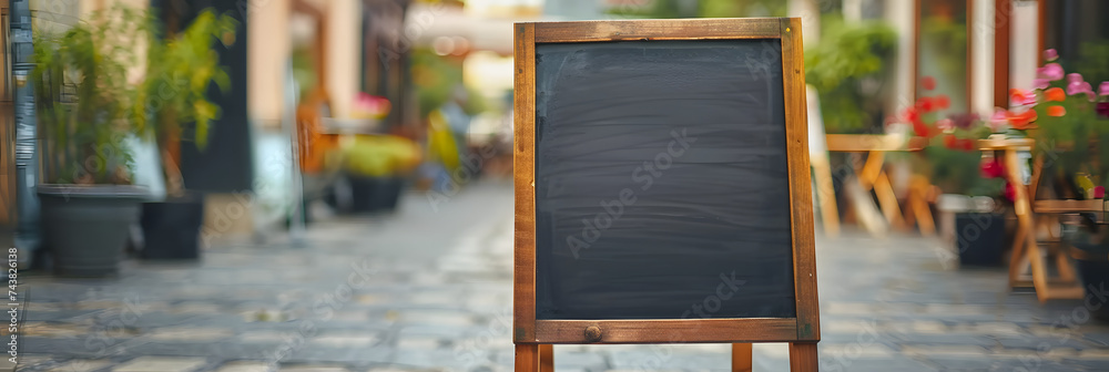 Sticker Signboard on the street. Empty menu board stand. Restaurant sidewalk chalkboard sign board. Freestanding A-frame blackboard near flower shop ur cafe.