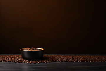 Coffee beans on the table and in the black bowl isolated on dark wooden background. copy space