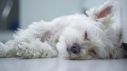 At the white animal hospital, a cute white dog sleeps peacefully as it receives medical care and attention for a canine health condition. The dedicated staff at the domestic clinic is treating its