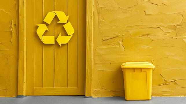 Recycling and trash can sign near the wall is bright yellow. Creative concept for sorting and recycling waste.