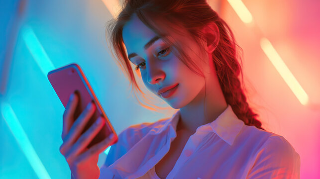 Portrait Of A Young Woman In A White Shirt Using A Smartphone