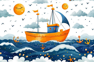 Cute seamless pattern with a fishing boat