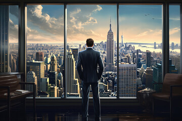 Businessman enjoying the skyscrapers through a glass window. Businessman standing in office room