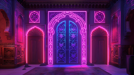 Arabesque-inspired illustration ornamented with neon lights, creating a striking contrast between...