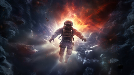 An astronaut in outer space against the backdrop of a hot orange planet. Brave explorer against a cosmic foggy background. Astronaut in outer space rear view. Design for game, puzzle, cover.