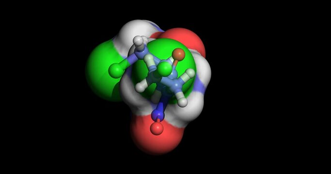 Carmustine, anticancer drug against brain tumours and multiple myeloma, 3D molecule spinning on Y-axis, 4K