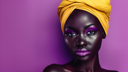 Elegant beauty portrait showcasing the sensuality and fashion of a young African woman with striking makeup
