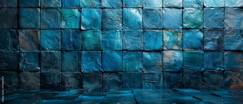Aufkleber The background is blue squares with abstract patterns