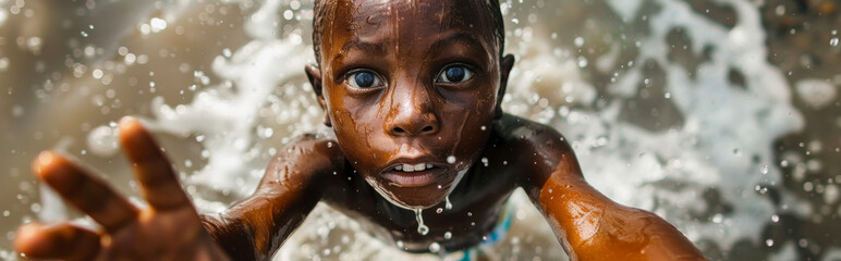 Panoramic shot of African American little boy playing in water
