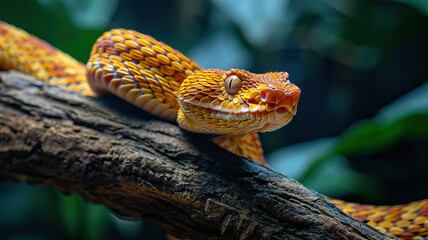 Portrait of a brown pit viper (Tropidolaemus subannulatus) coiled on a branch - obrazy, fototapety, plakaty