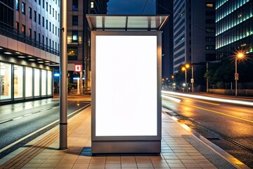 Blank billboard on bus stop at night.