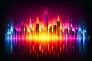Nighttime cityscape with skyscrapers illuminated by neon lights, a modern architectural panorama under a purple sky