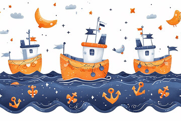 Cute seamless pattern with a fishing boat