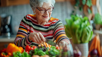 Smiling elderly gray haired female in striped sweater and glasses standing at counter with fresh vegetables while preparing healthy salad from recipe - obrazy, fototapety, plakaty
