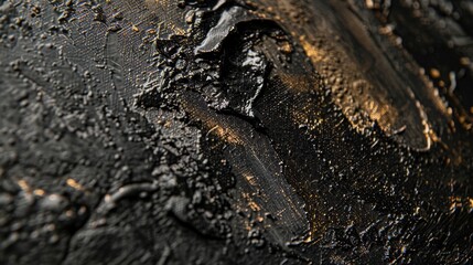 Closeup view of a dynamic black abstract painting, where the interplay of textures and layers speaks to the complexity of human emotions.